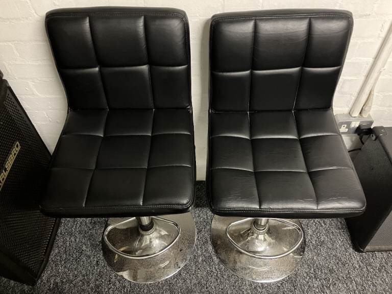 Pair of Vintage Designer Black Faux Leather Chrome Base Bar Stools