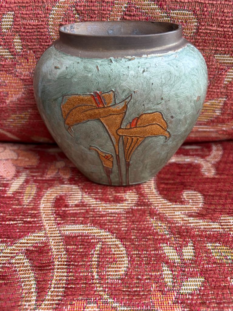 Art deco enamel and copper bud vase 