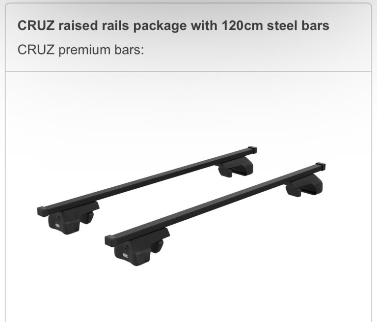 CRUZ Raised Rail Roof Bars – 120cm Steel, Black (75kg Load)