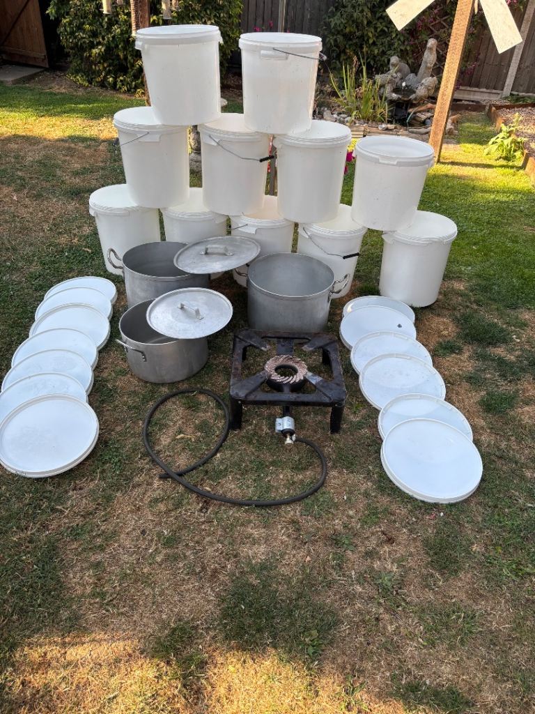 Job lot of catering cooking pots and gas  burner and buckets with lids