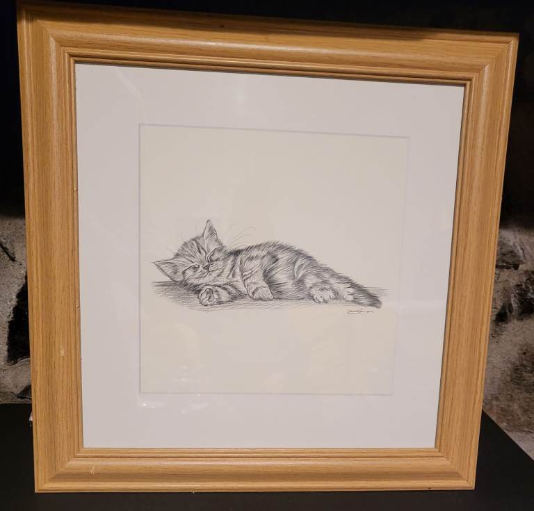 Vintage framed pencil sketch print titled "Lazy Days III" by artist Steve O'Connell. 