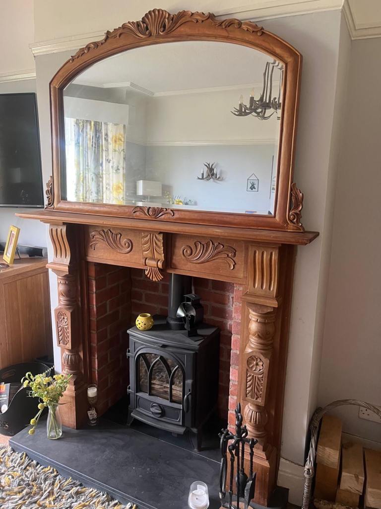Large Carved Wooden Mirror and Fireplace Surround