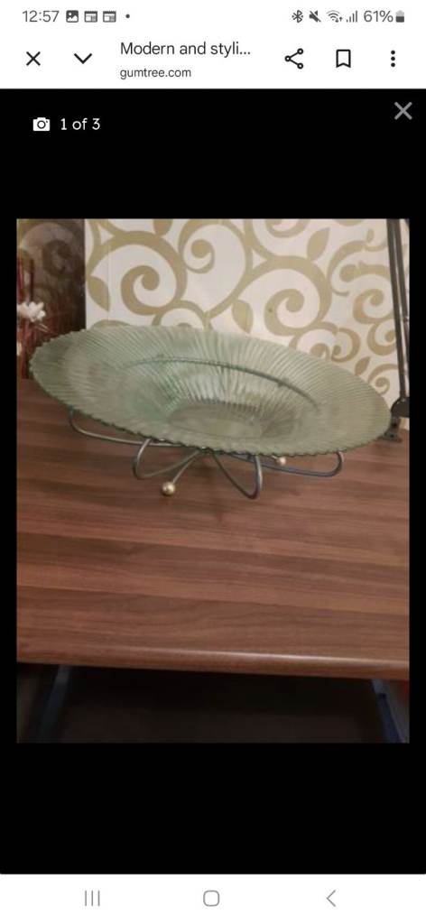 Modern Green Glass Dish with Metal Stand – Good Condition