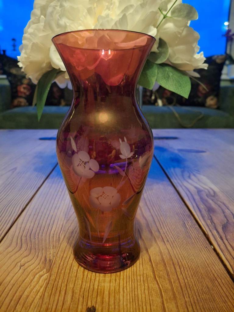 Lovely Red Bohemian Glass Vase – Hand Cut Floral Design