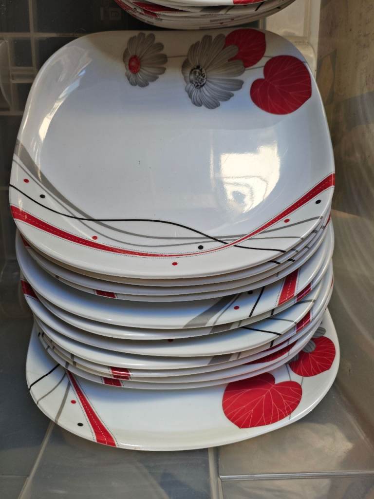 Square Dinner Plates with Red & Grey Floral Design – Set of 12
