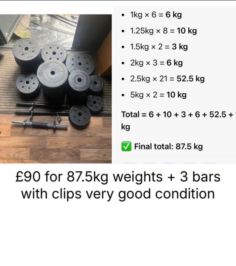 £90 for 87.5kg weights + bars very good condition