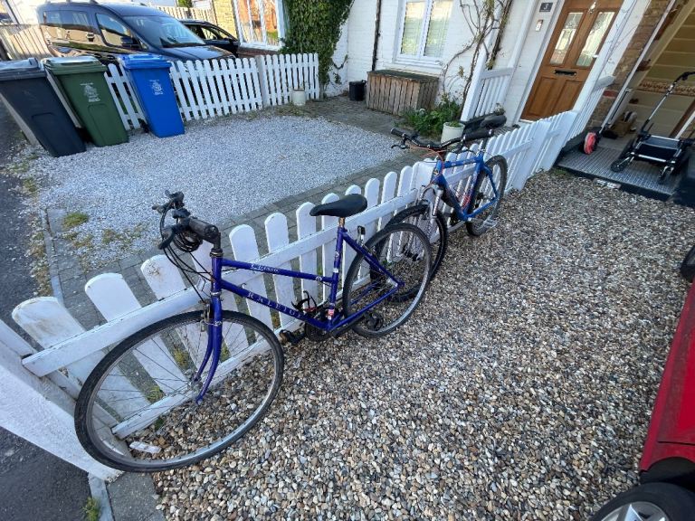 Two bicycles, one woman’s Raleigh, one men’s Orange mountain bike