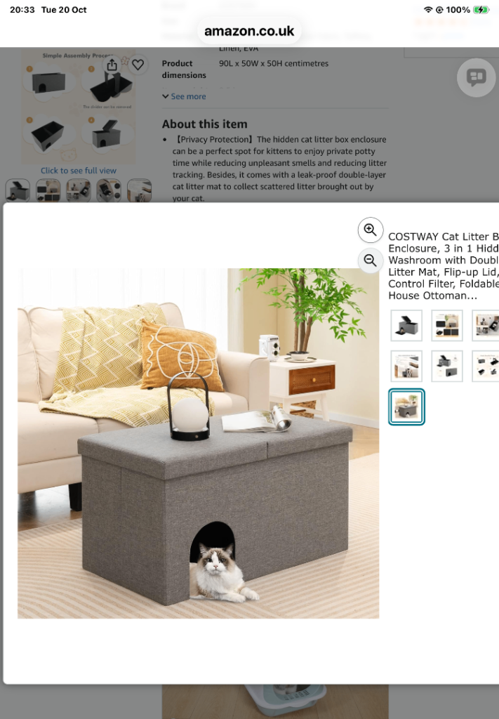 COSTWAY Hidden Cat Litter Box Enclosure – Grey Ottoman Bench