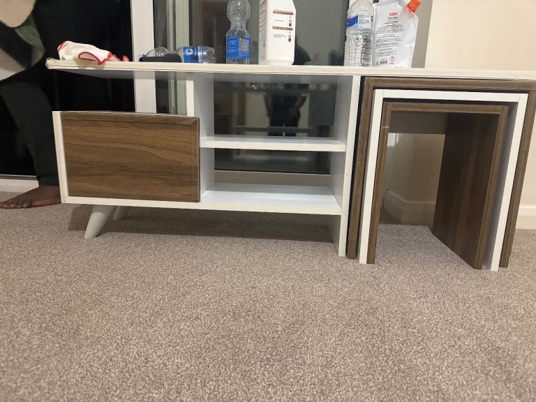 White and Wood Effect TV Unit with Nest of Tables