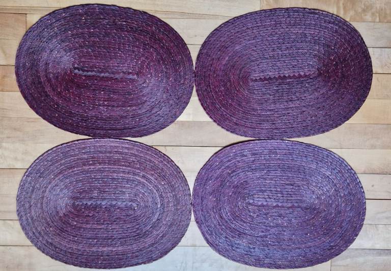 4 Mexican oval woven raffia table placemats, aubergine