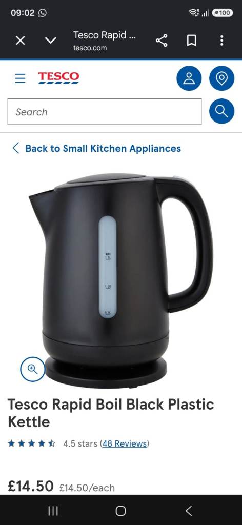 Tesco Rapid Boil Black Plastic Kettle - As Good As New