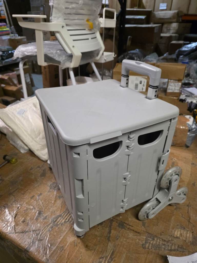 A new grey plastic 45L Foldable Shopping Trolley with Lid, Boot Cart 