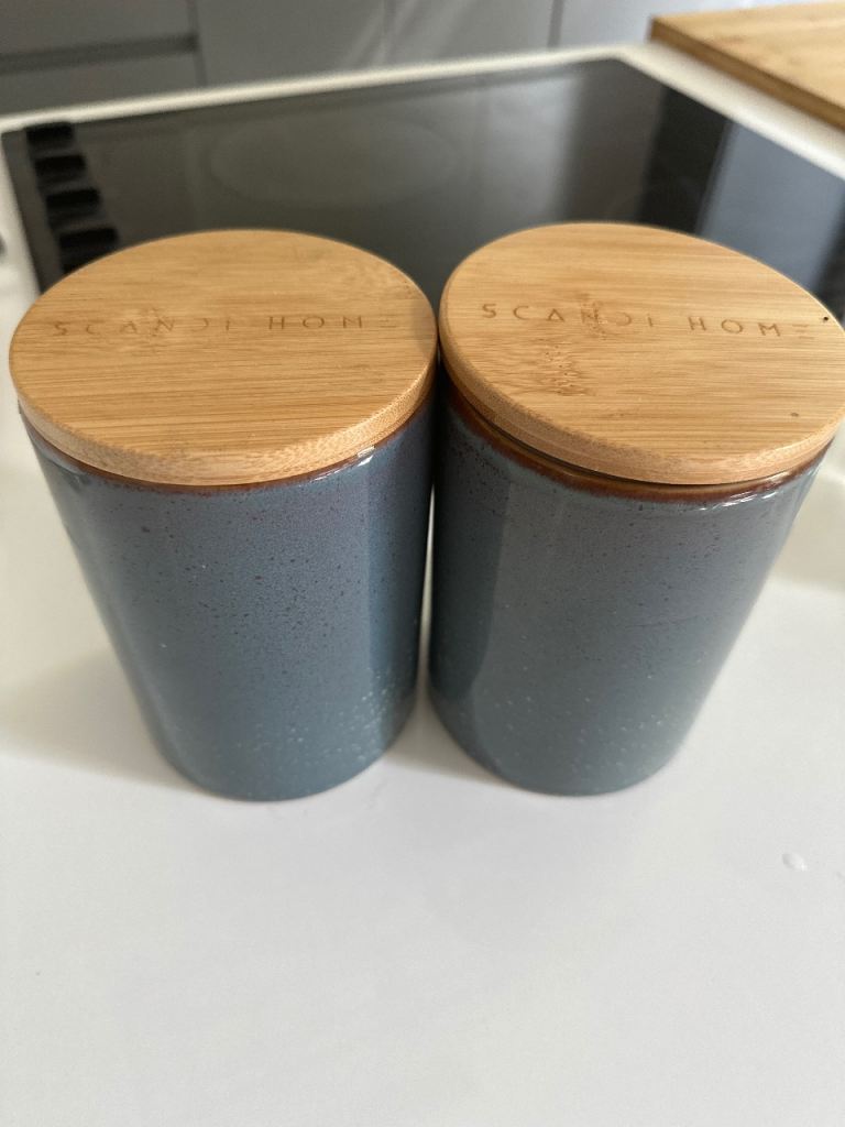 Scandi Home Ceramic Canisters with Bamboo Lids - Grey, Set of 2