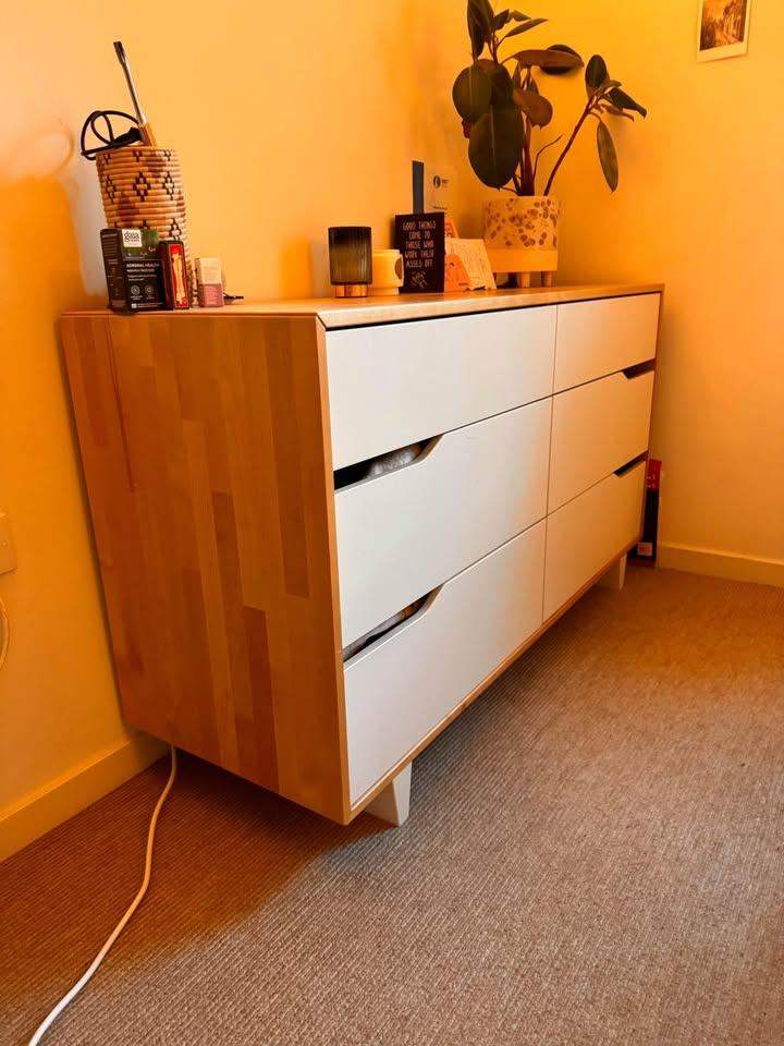 Midcentury modern white and pine wood dresser