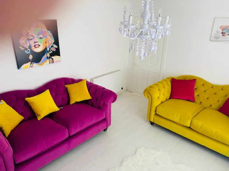 Pair of Velvet Chesterfield Sofas – Pink and Yellow, As Good As New