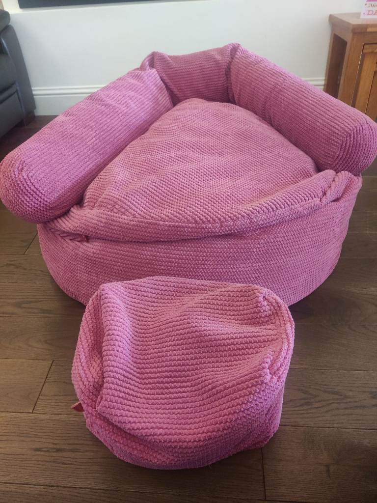 Big Bertha Mammoth Bean Bag Sofa Set + Footstool & Cuddle Cushion Pom Pom Pink