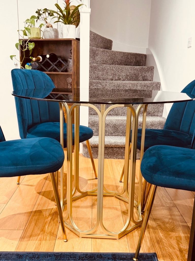 Modern Gold Base Glass Dining Table with 4 Blue Velvet Chairs