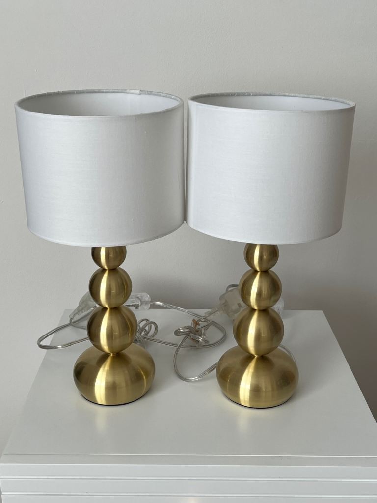 Pair of Gold Metal Table Lamps with White Shades – Slightly Used