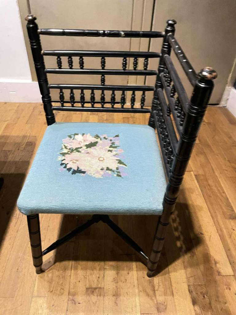 image for Lovely Antique Bobbin Corner Chair with a fabric embroidered top.