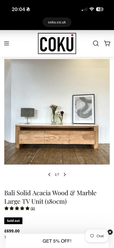 Coku Bali Solid Acacia Wood & Marble Large TV Unit (180cm)