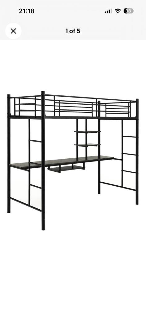 Single Metal Loft Bed Frame with Desk and Shelves