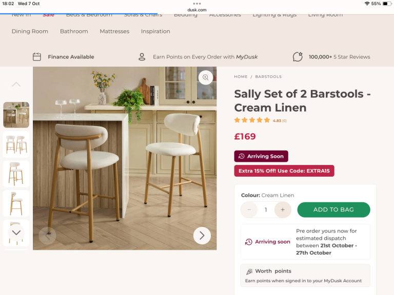 DUSK Sally Set of 2 Barstools – Cream Linen, Brand New