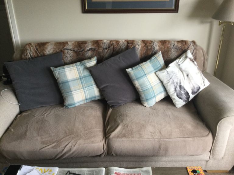 Five assorted grey and blue checked sofa or bed cushions.