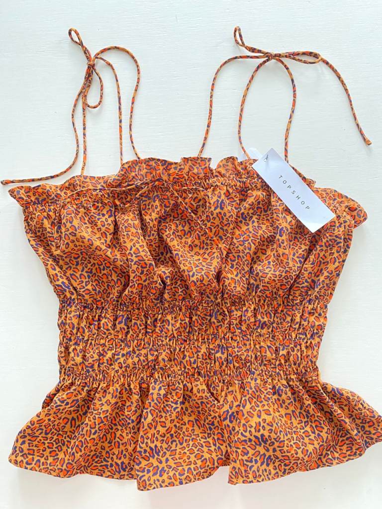 New Summer Top shop cami, top, spaghetti straps, size 10, orange, brown, leopard print