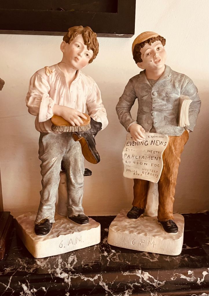 Vintage 6 A.M. & 6 P.M. Working Boy Figurine Pair – 33cm Tall