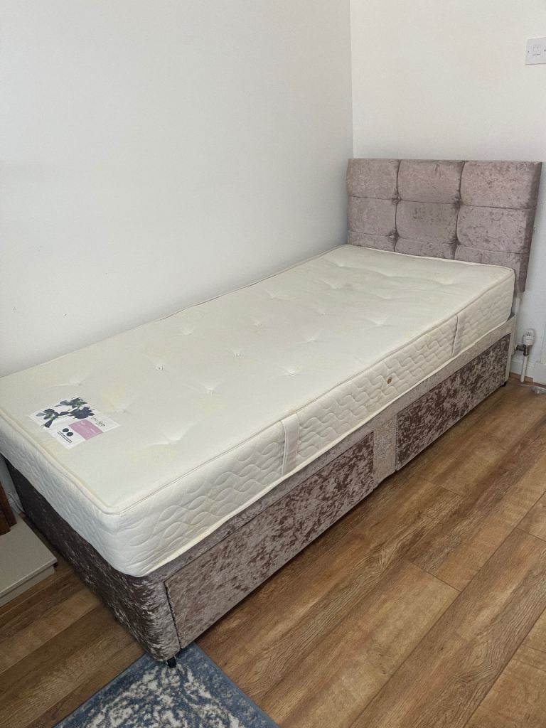 Gold Fabric Single Bed With Mattress and Headboard