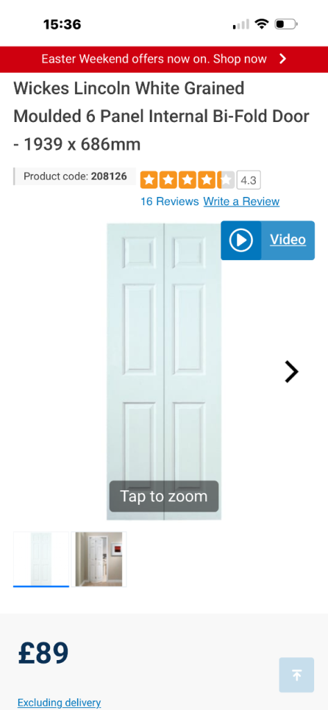 New Wickes Lincoln White Grained Moulded Bi-Fold Internal Door 1939 x 686mm