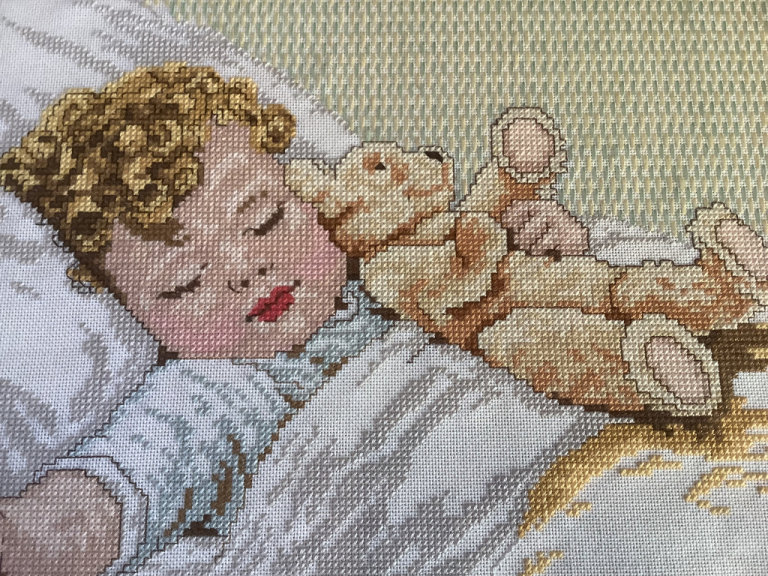 Large Wooden Framed Cross Stitch Sleeping Baby & Teddy