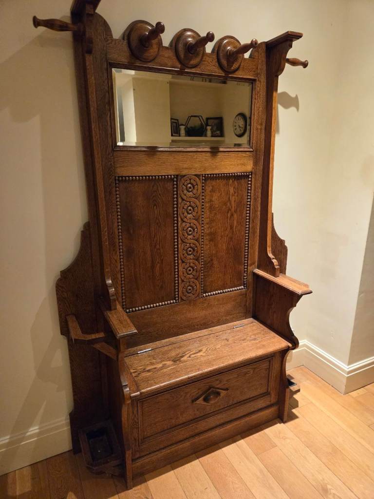 Edwardian Wooden Hall Stand with Mirror and Storage Bench