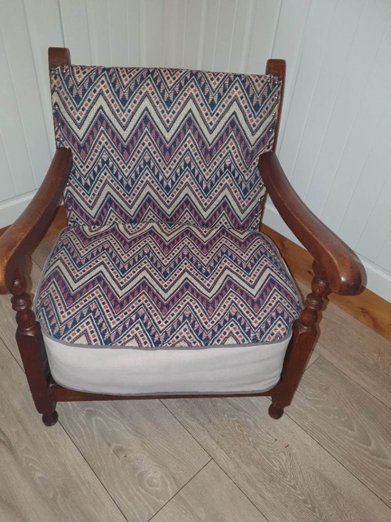 Solid oak antique childs nursing chair newly upholstered 