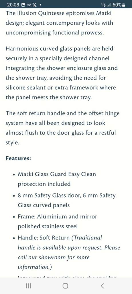 Matki shower enclosure and shower tray