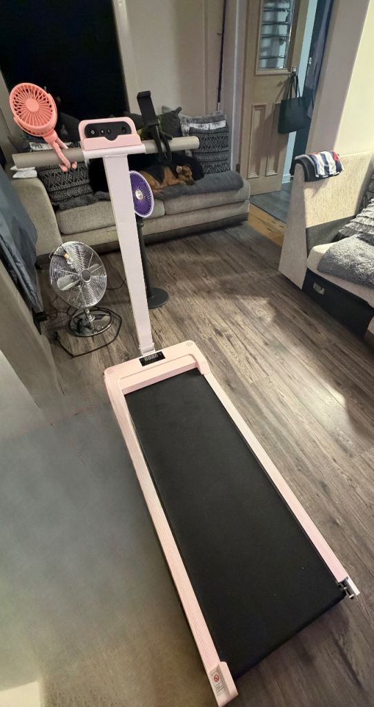 Pink Foldable Walking Pad Treadmill with remote, phone holder & rechargeable fan