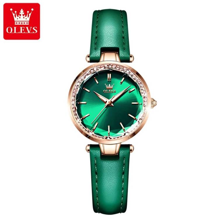 Women’s Quartz Watch – Round Green Dial, Crystal-Set Bezel, Waterproof, Fashion Style with Green 
