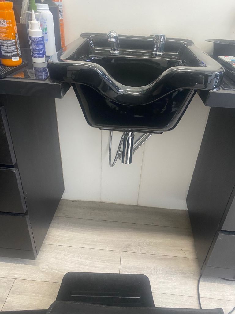 2 Black Ceramic Front Wash Barber Sinks with Taps