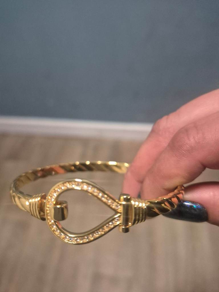 Gold Metal Bracelet with Clear Stones - Hook Closure