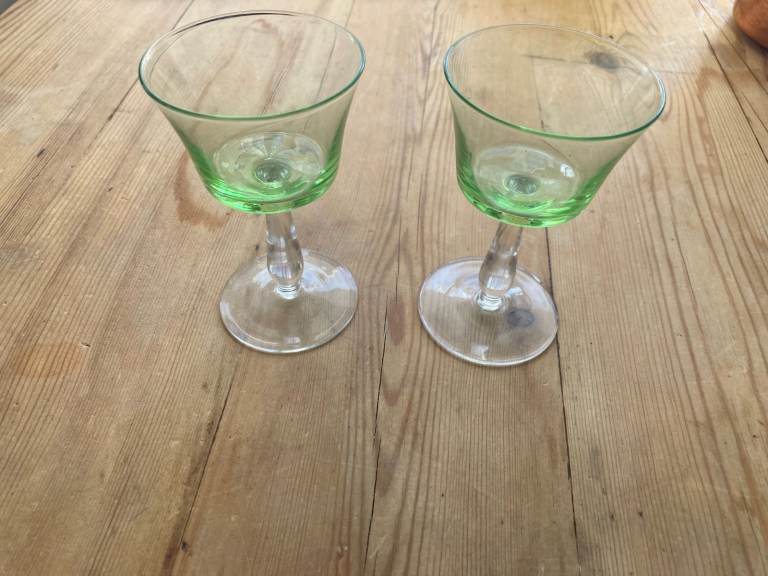 2 green vintage sherry or liqueur glasses vintage