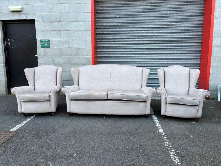 Light Grey Fabric Wingback 3 Seater Sofa and 2 Wingback Chairs 