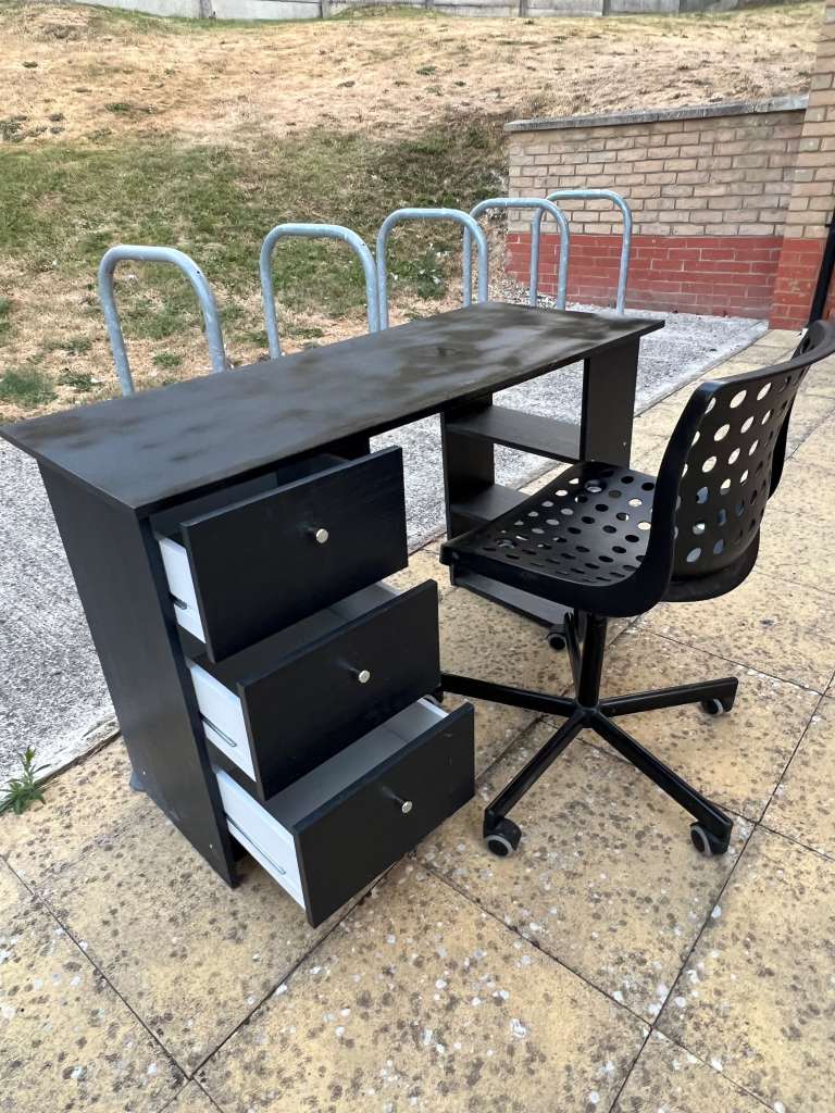 Black Wooden Desk with Drawers and Office Chair