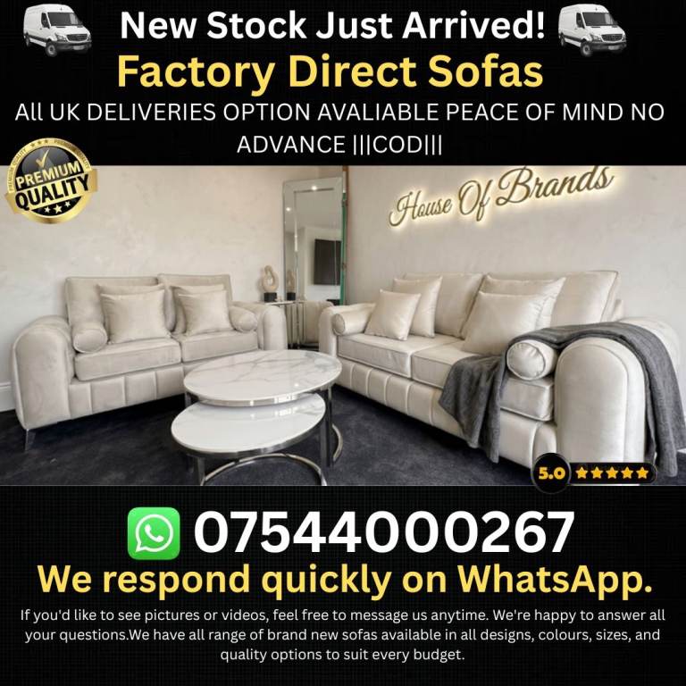 Brand New Cream Fabric Sofas - 3 Seater and 2 Seater Set