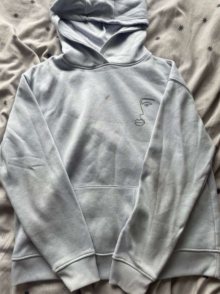 Primark Blue Hoodie with Face Graphic – Size Small