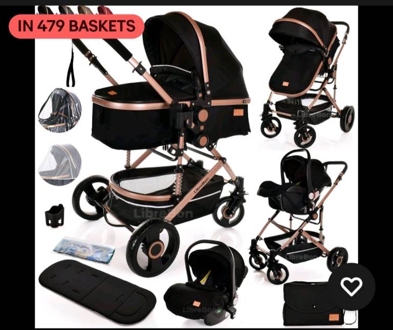 Used Black and Rose Gold 3-in-1 Travel System with Car Seat