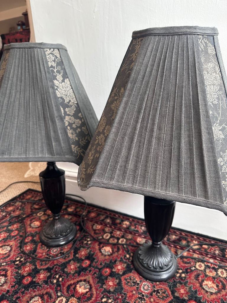 Pair of Black Table Lamps with Grey Pleated Shades