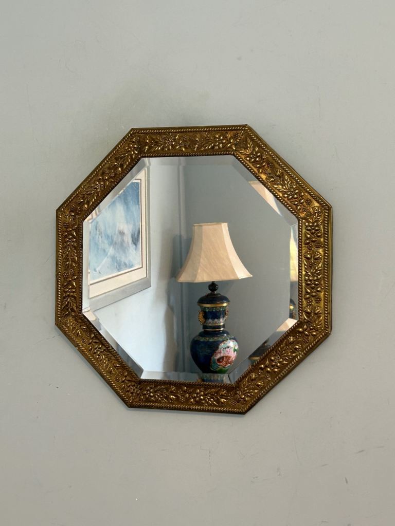 Vintage Brass Framed Octagonal Bevelled Mirror  Dia 17.5in/44cm Good condition  J286
