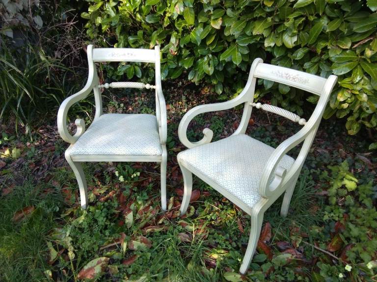 A Pair of Antique Hardwood Regency Style Carver Chairs Artist Hand Painted with Floral Design. 