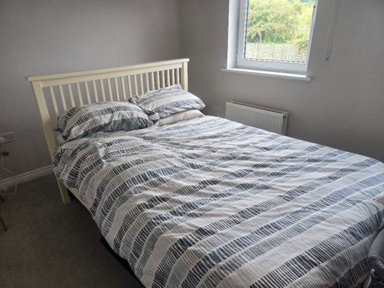 Free - Double Bed Frame with Headboard – White Wood, Good Condition