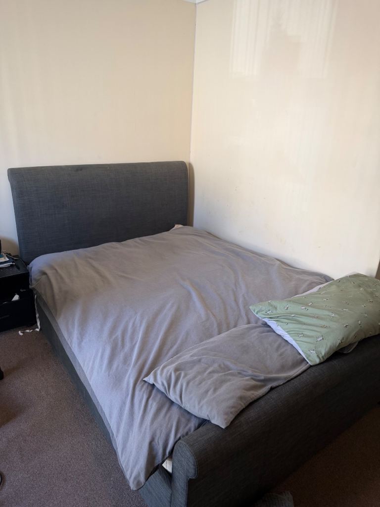 Needs gone ASAP Double Bed Frame with Headboard – Grey Fabric, Good Condition